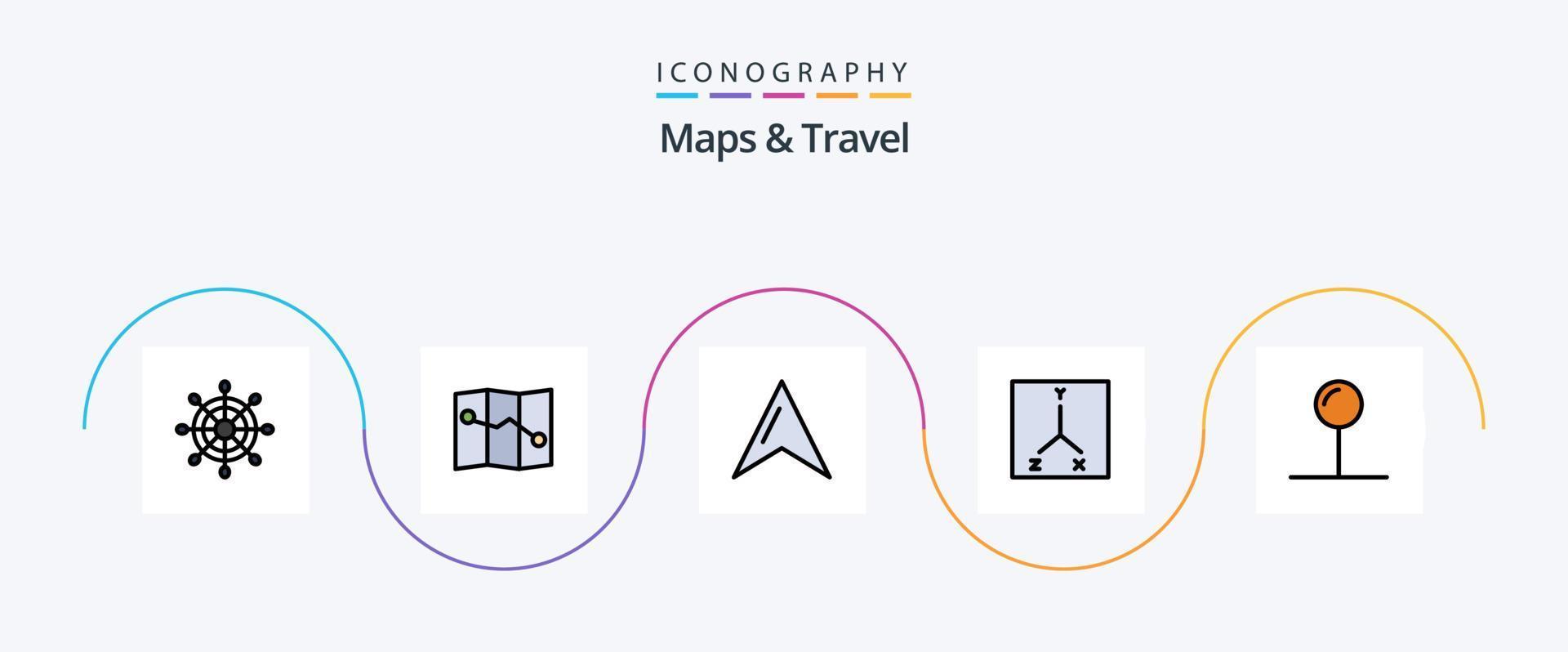 mapas y línea de viaje llenos de paquete de iconos planos 5 que incluye. coordenadas alfiler vector