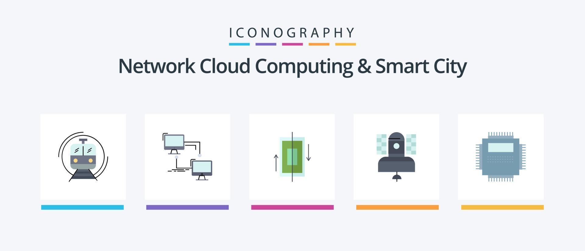 Network Cloud Computing And Smart City Flat 5 Icon Pack Including broadcasting. satellite. sync. smartphone. data. Creative Icons Design vector