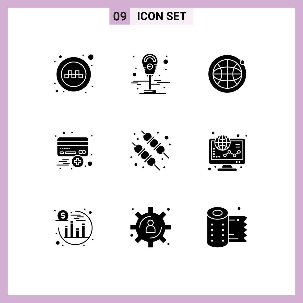 Editable Vector Line Pack of 9 Simple Solid Glyphs of food barbecue internet credit credit Editable Vector Design Elements