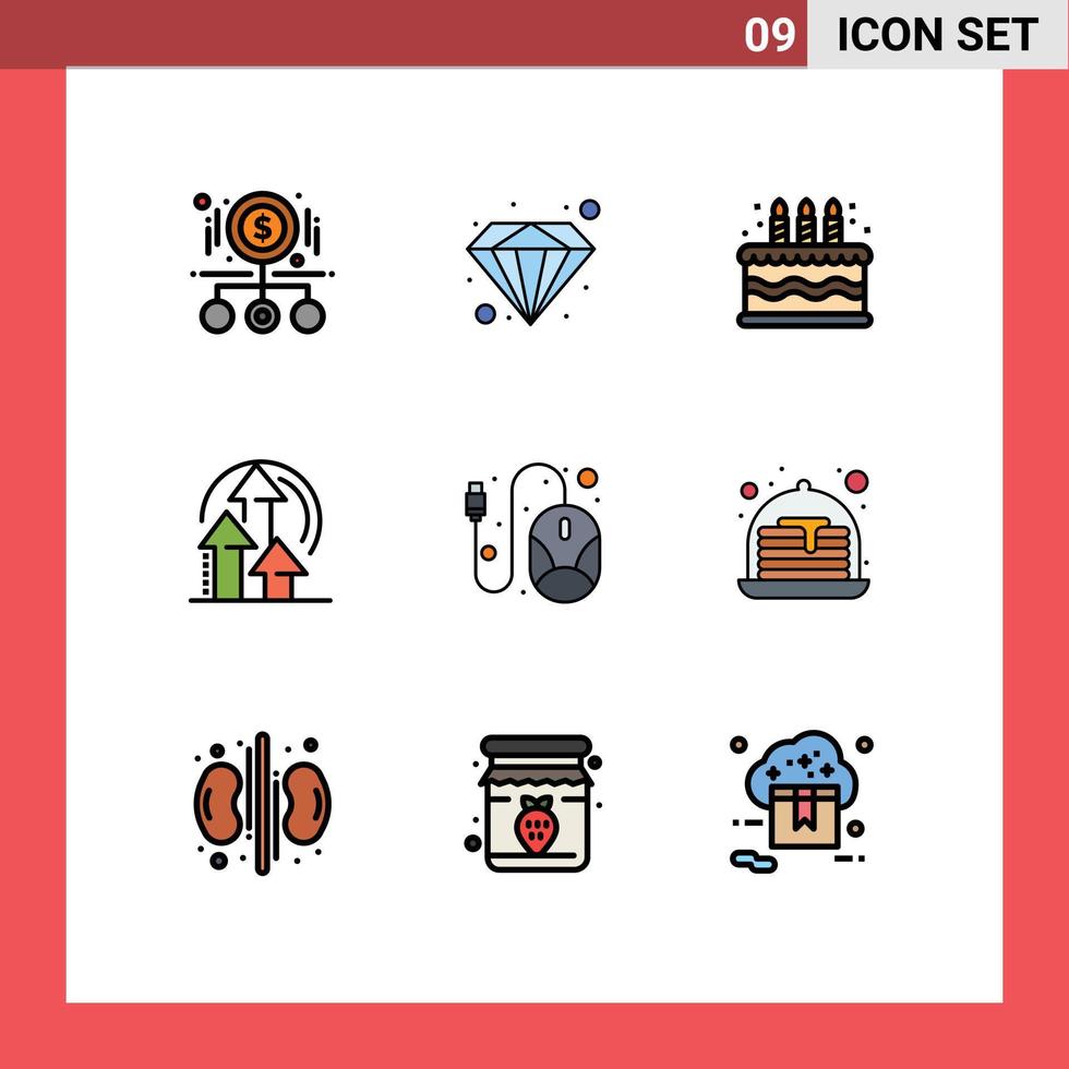 paquete de 9 signos y símbolos de colores planos de línea de llenado modernos para medios de impresión web, como el método de producto de cumpleaños de computadora de mouse, elementos de diseño de vector editables