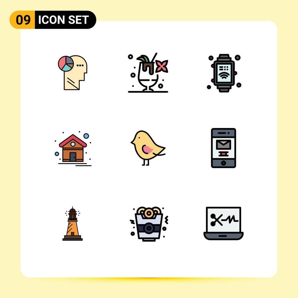conjunto de color plano de línea de relleno de interfaz móvil de 9 pictogramas de elementos de diseño de vector editables de página de inicio de pájaro de internet de pascua eliminados
