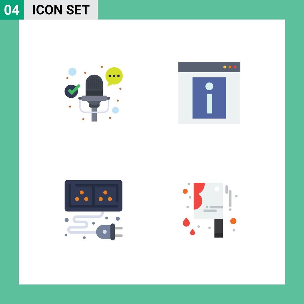 paquete de 4 signos y símbolos de iconos planos modernos para medios de impresión web, como elementos de diseño de vectores editables de energía web de contacto de cable de micrófono