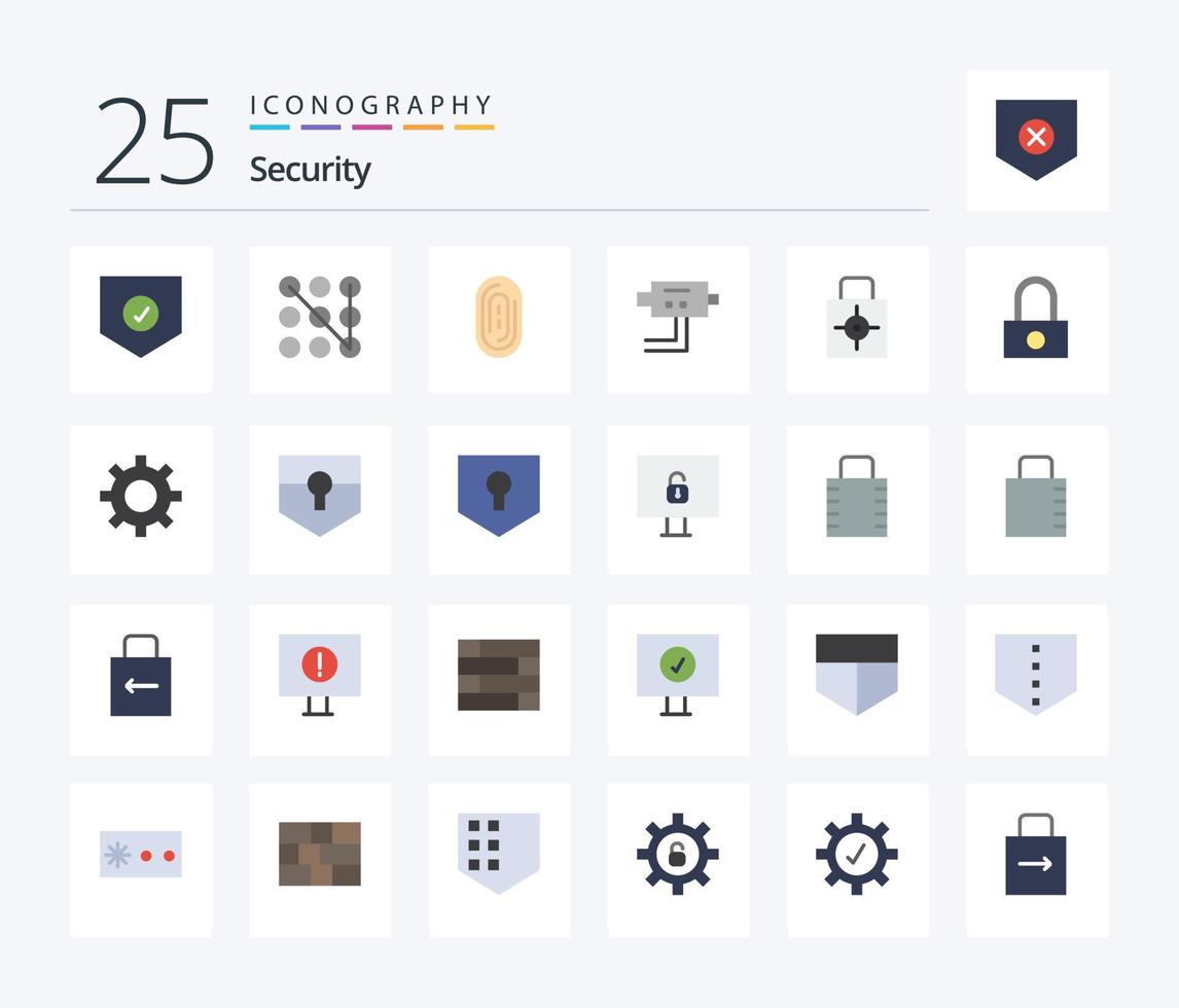 Security 25 Flat Color icon pack including target. protect. fingerprint. lock pad. security