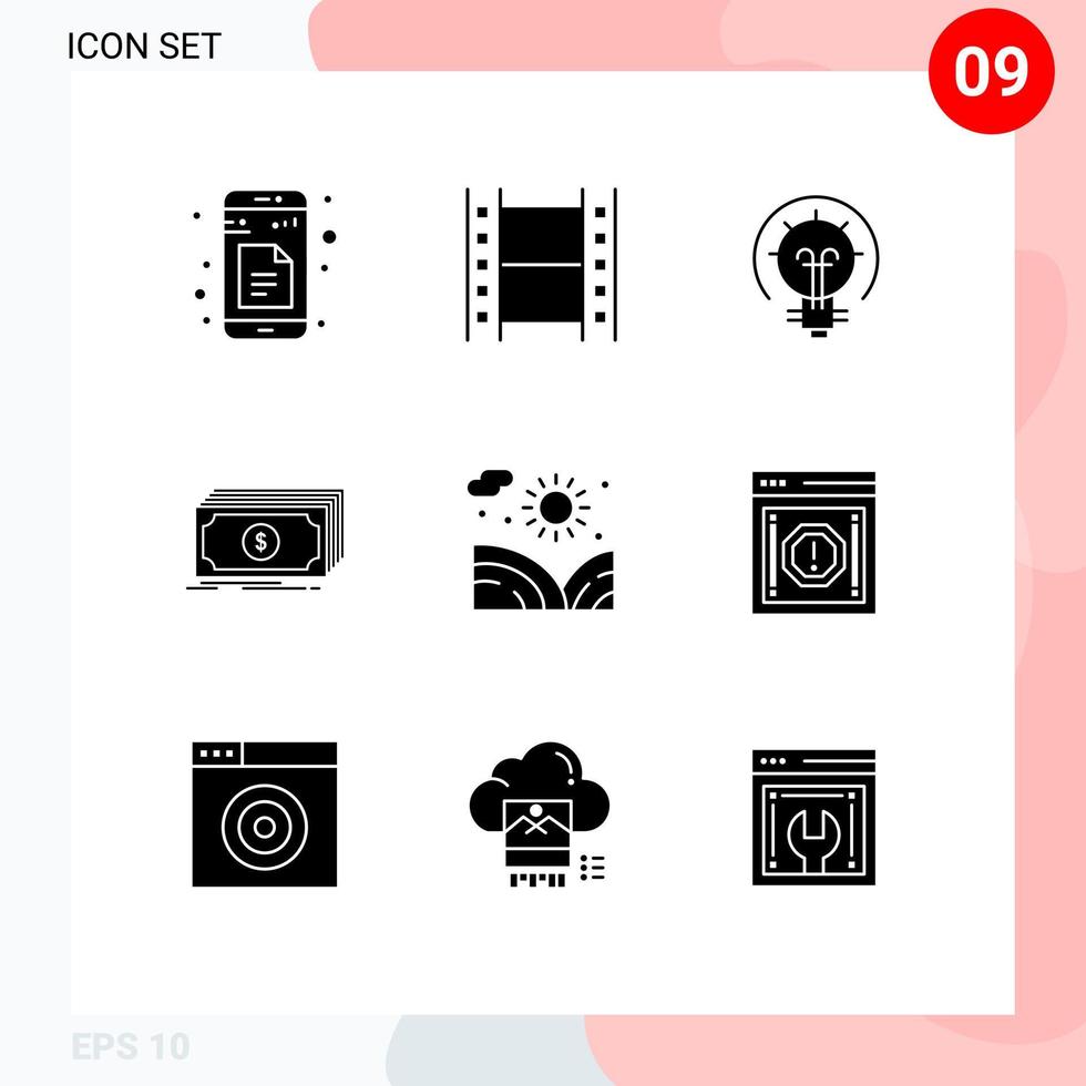 9 Universal Solid Glyph Signs Symbols of agriculture funds bulb finance cash Editable Vector Design Elements