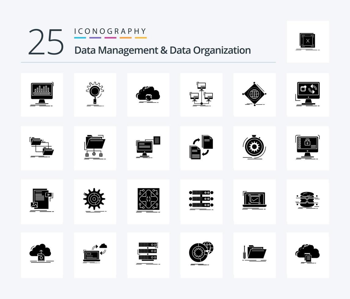 gestión de datos y organización de datos paquete de iconos de 25 glifos sólidos que incluye conexión. base de datos. proceso. sincronización. sincronizar vector