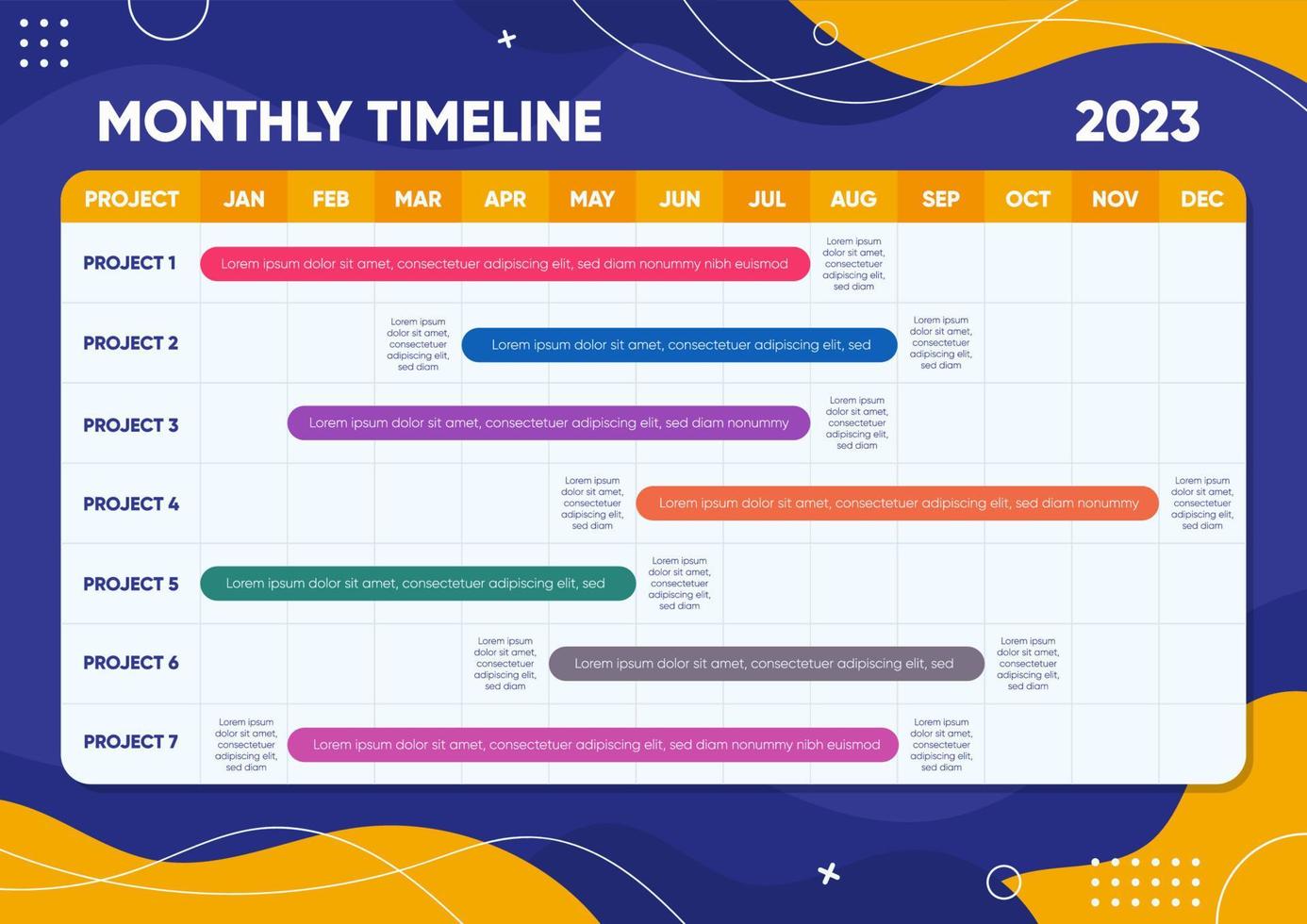 Monthly Timeline for Business Planner Projects Template vector
