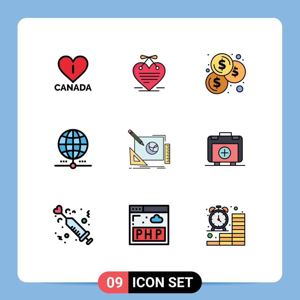 Editable Vector Line Pack of 9 Simple Filledline Flat Colors of creative logo coins network worldwide Editable Vector Design Elements