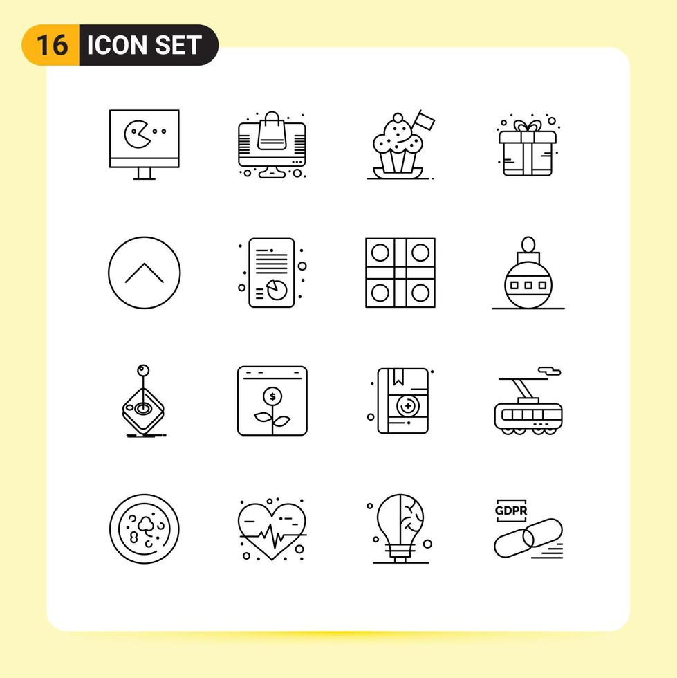 Pack of 16 Modern Outlines Signs and Symbols for Web Print Media such as media present chef hat gift box Editable Vector Design Elements