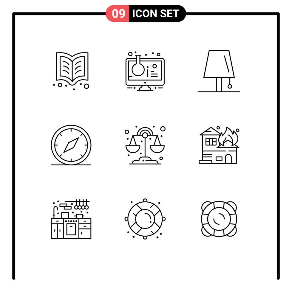 Universal Icon Symbols Group of 9 Modern Outlines of location direction test tube compass light Editable Vector Design Elements