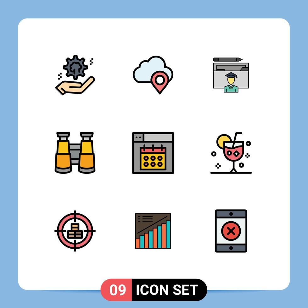 Universal Icon Symbols Group of 9 Modern Filledline Flat Colors of web search marker binoculars graduation Editable Vector Design Elements