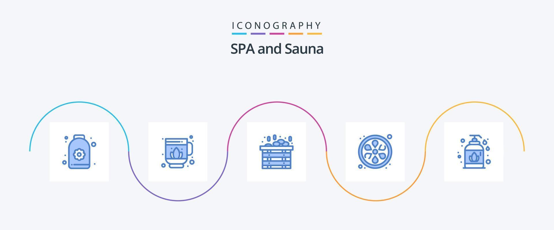 paquete de iconos sauna azul 5 que incluye . jabón. sauna. jabón líquido. loto vector