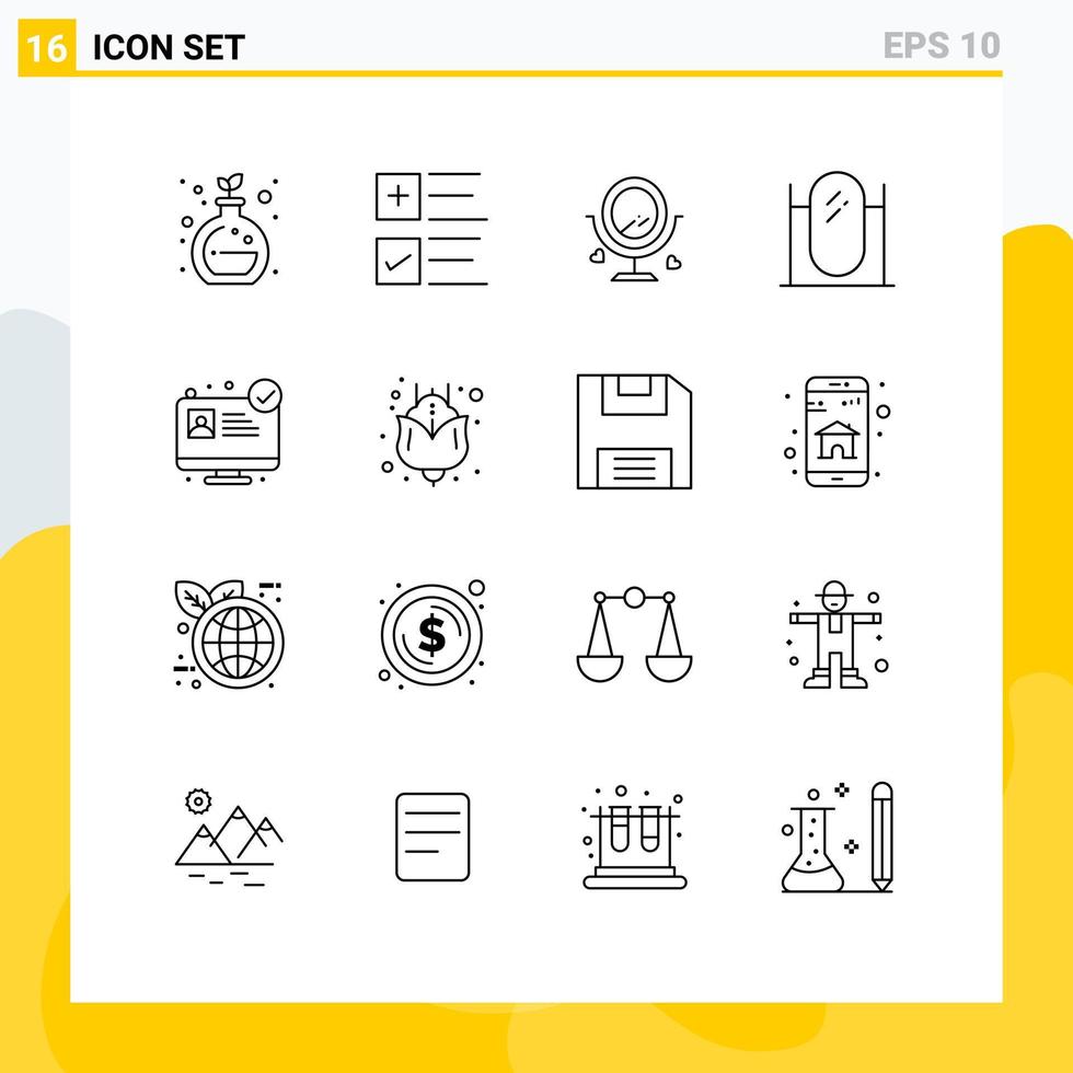 User Interface Pack of 16 Basic Outlines of medical consulting hospital website love mirror furniture Editable Vector Design Elements