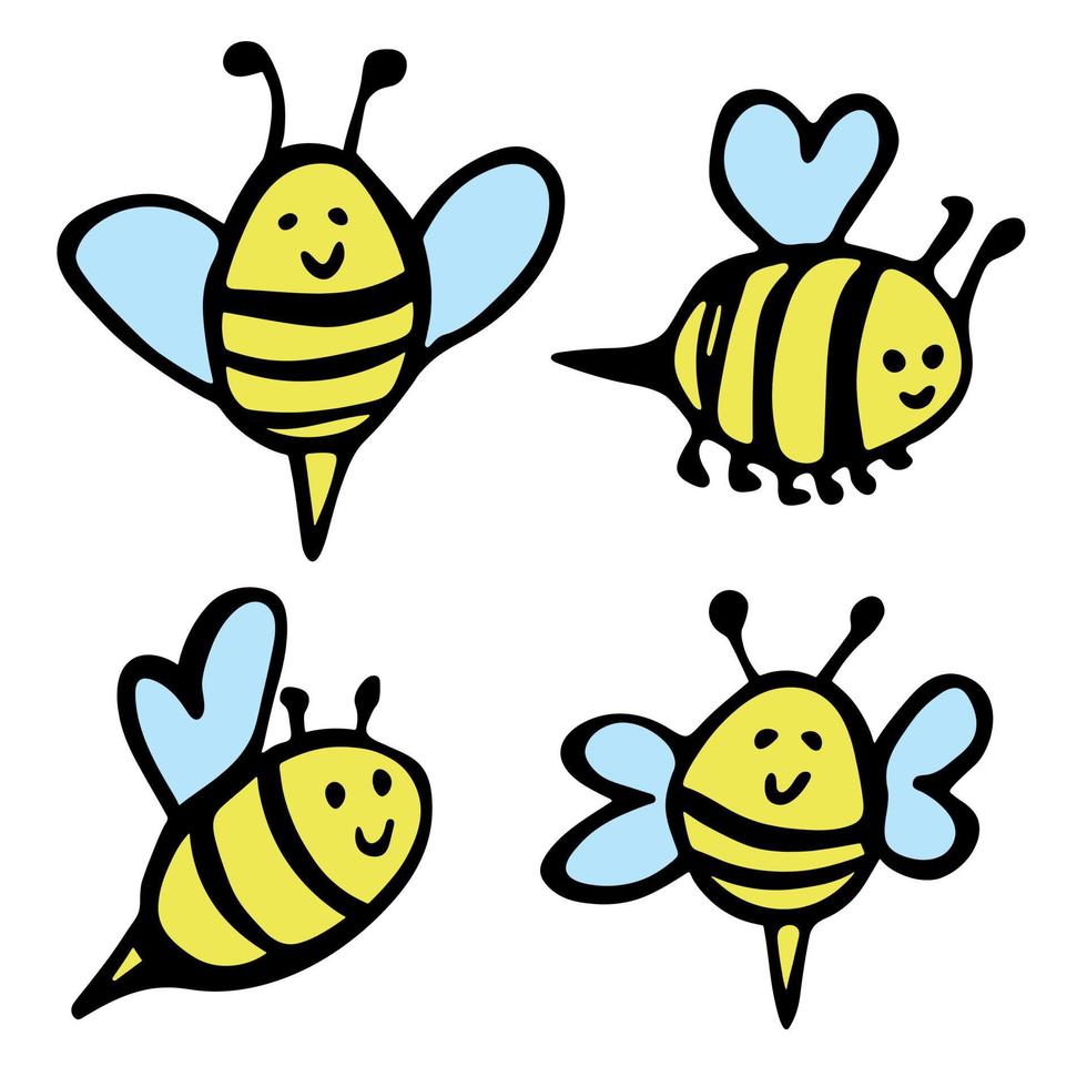 imágenes prediseñadas de abejas felices dibujadas a mano. lindo juego de garabatos de abejas. para impresión, web, diseño, decoración, logotipo. vector