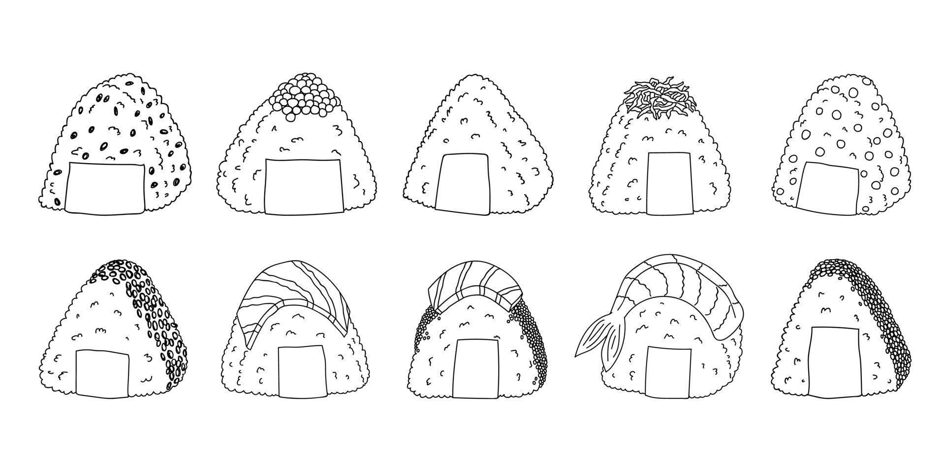 Hand drawn onigiri clipart set. Japanese fast food made of rice. Rice ball in nori seaweed vector