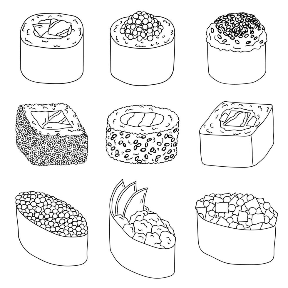 sushi dibujado a mano. platos de la cocina tradicional japonesa. conjunto de imágenes prediseñadas de comida asiática vector