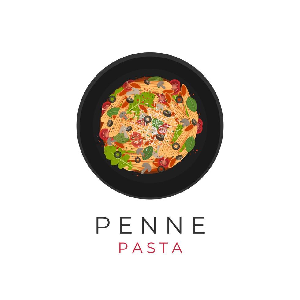 logotipo ilustrativo de pasta penne con salsa de tomate picante, albahaca verde y queso rallado vector