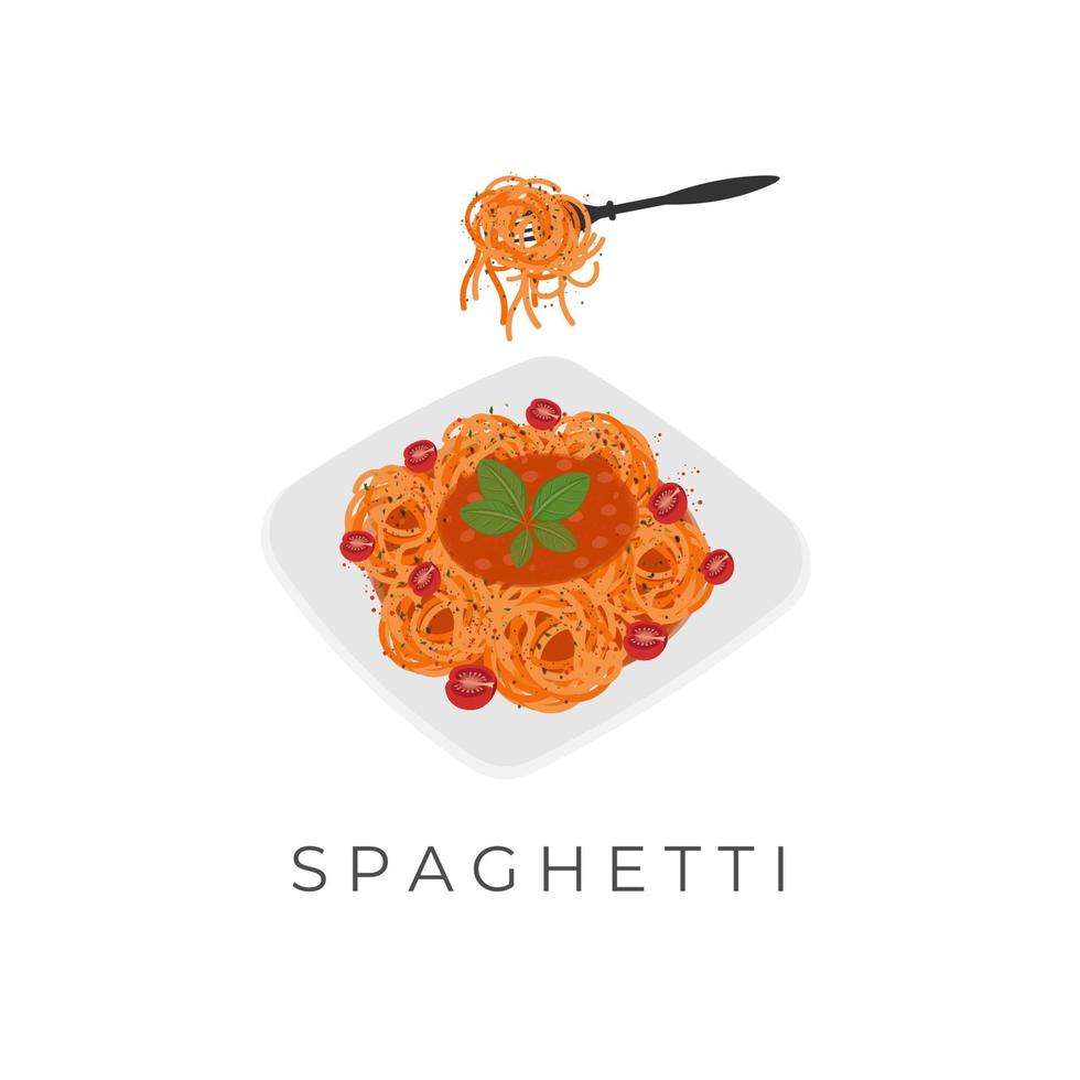 logotipo de ilustración de pasta de espagueti en un plato blanco listo para comer con tenedor vector