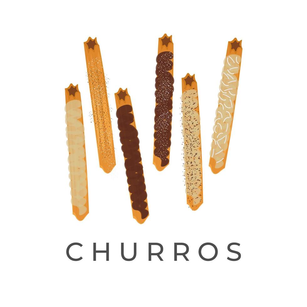 delicioso logo de ilustración de churros con varios sabores y coberturas vector