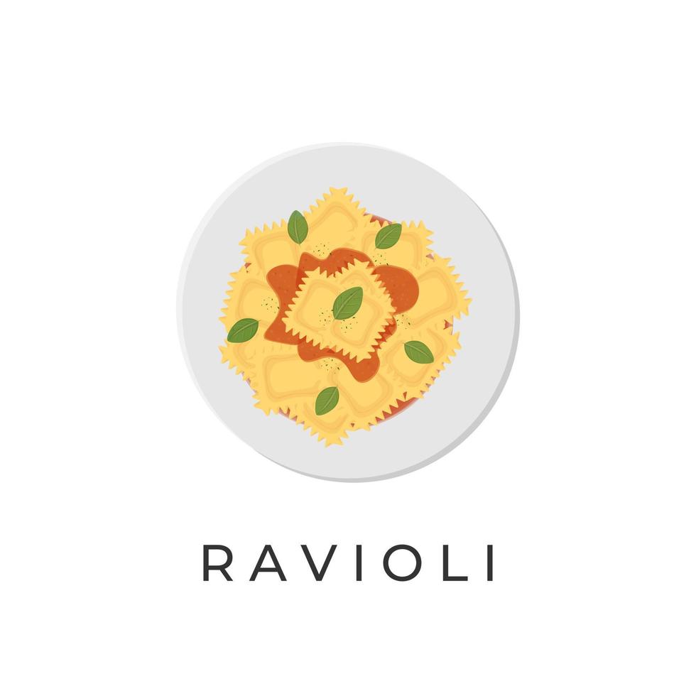 ilustración del logotipo de pasta ravioli con salsa de tomate picante en un plato blanco vector