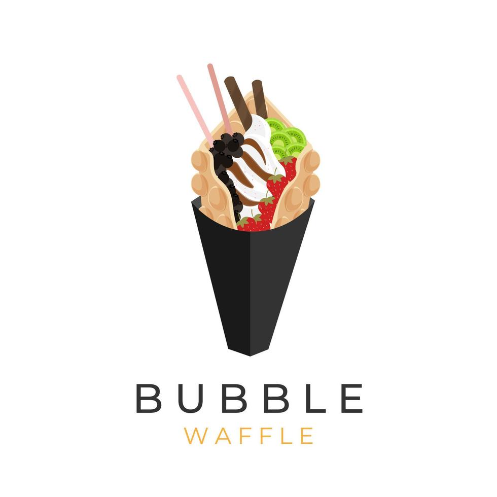 Bubble Waffle Ice Cream Illustration Logo With Fresh Fruit Topping And Wafer Roll vector