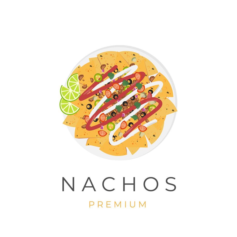 logotipo de ilustración de nachos cubierto con carne picada y salsa deliciosa vector