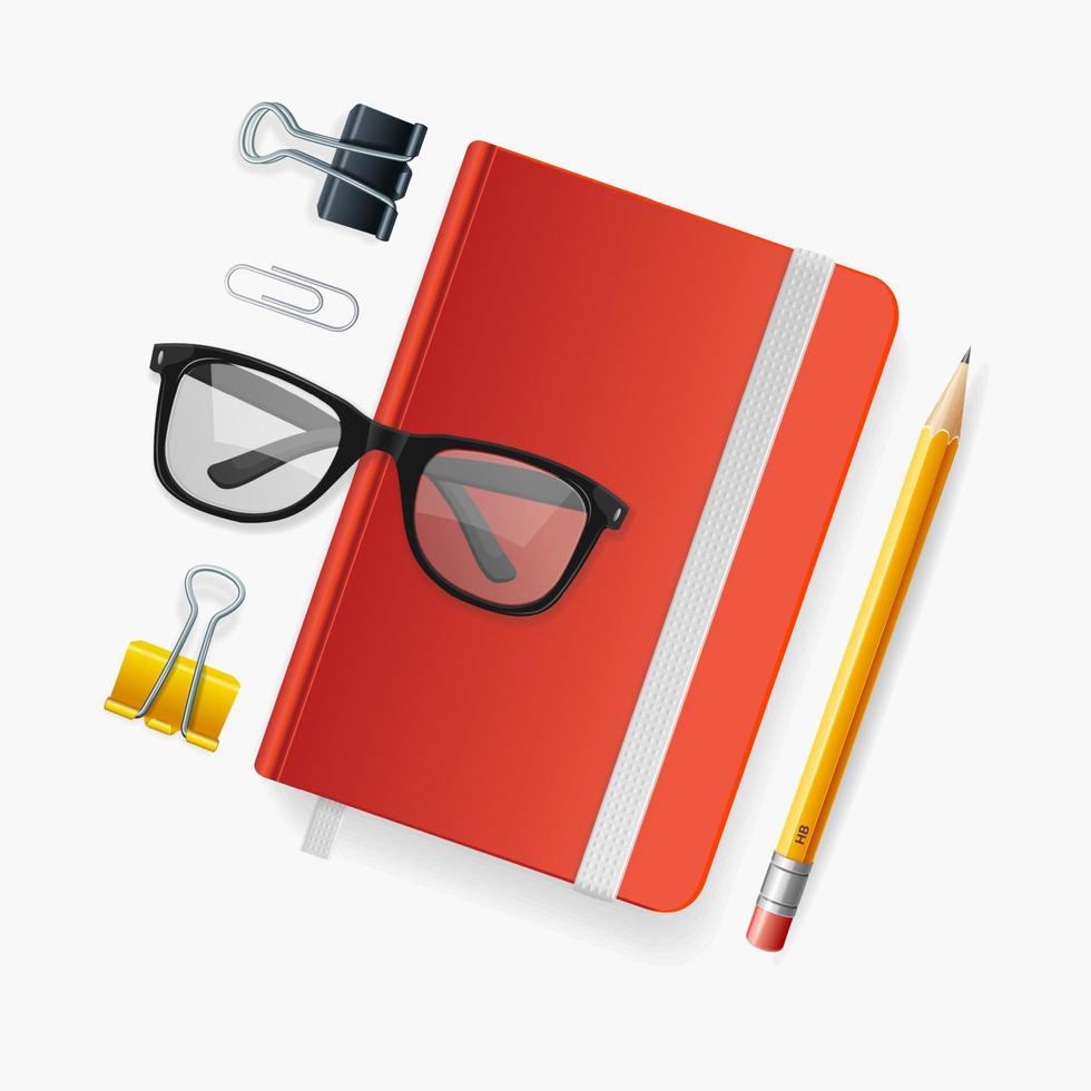 Realistic Detailed 3d Notebook with Elastic Band and Glasses Set. Vector