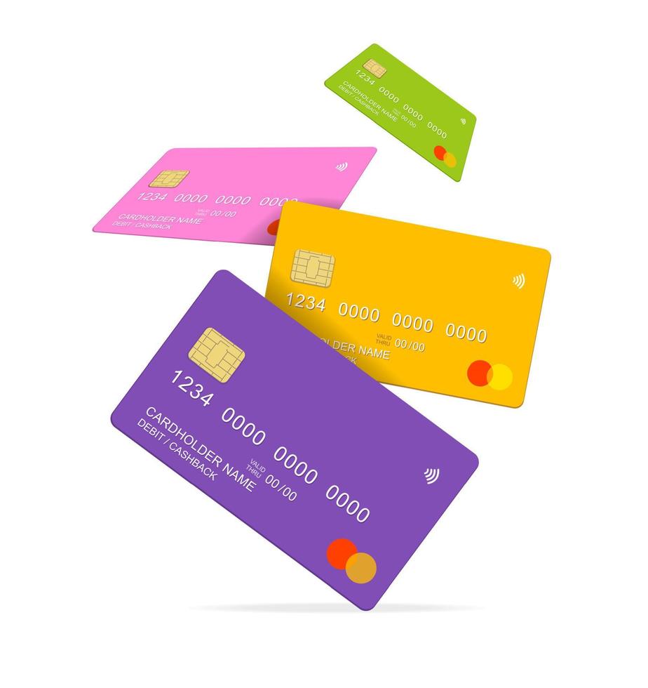 Realistic Detailed 3d Different Color Credit Debit Card Mockup Set. Vector