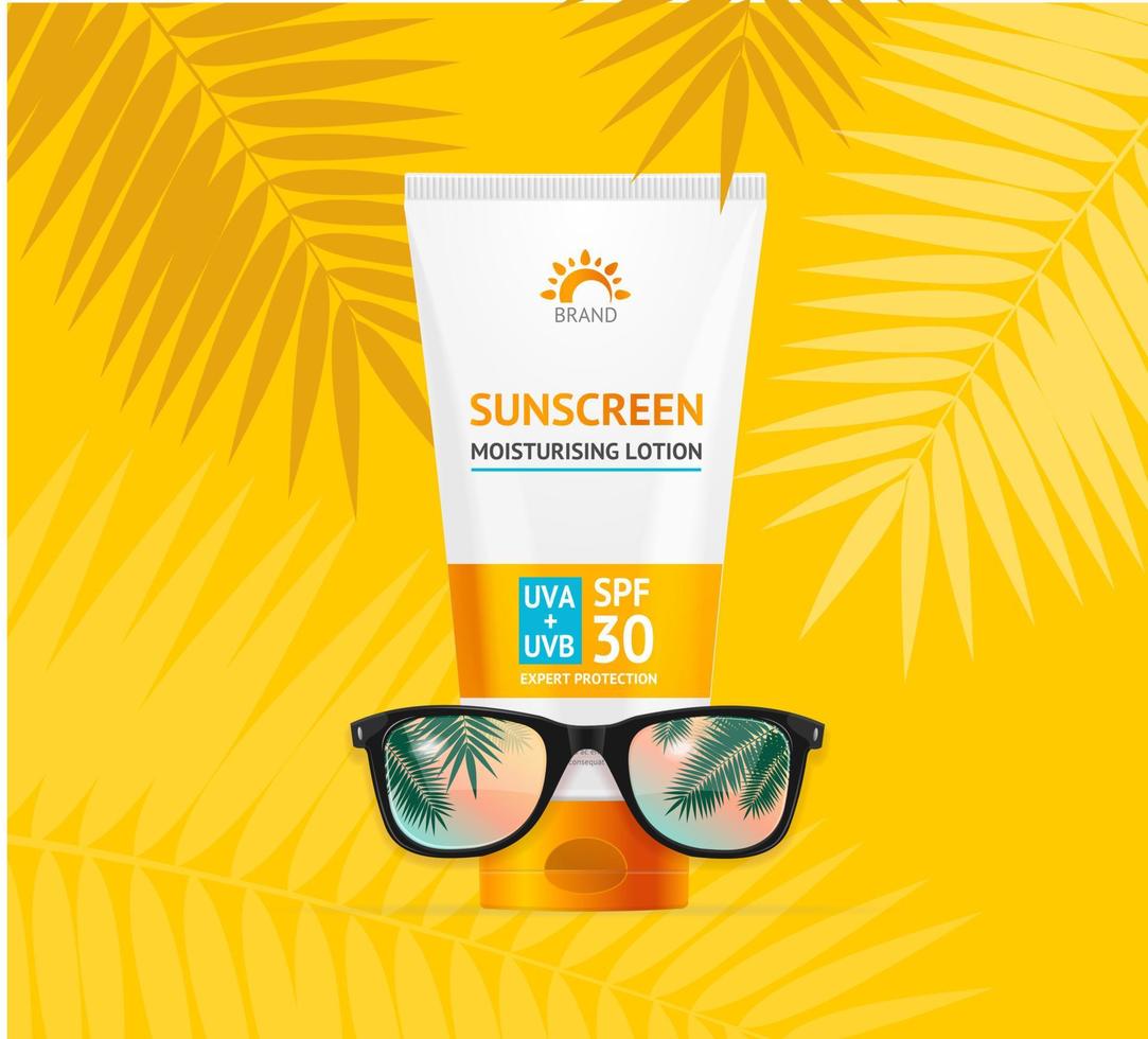 Sunscreen Concept Banner Card with Realistic 3d Detailed Sunglass. Vector