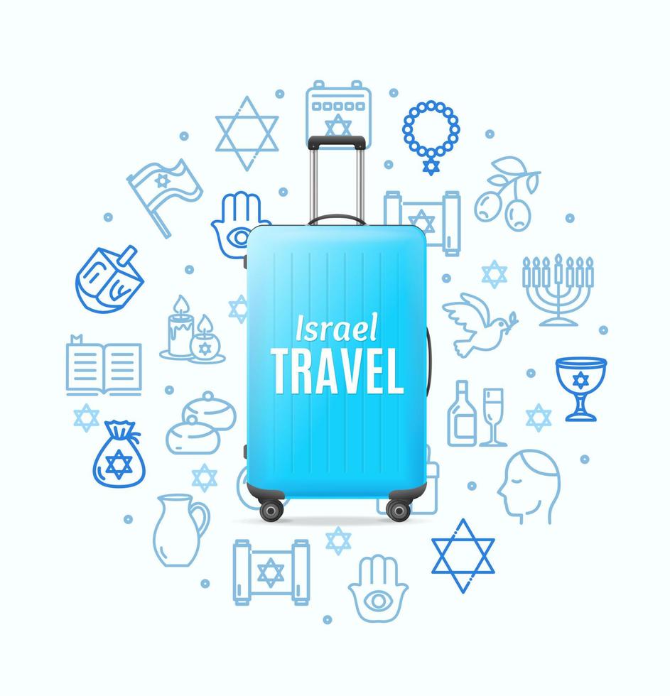 Travel Israel Concept with Realistic Detailed 3d Blue Suitcase. Vector