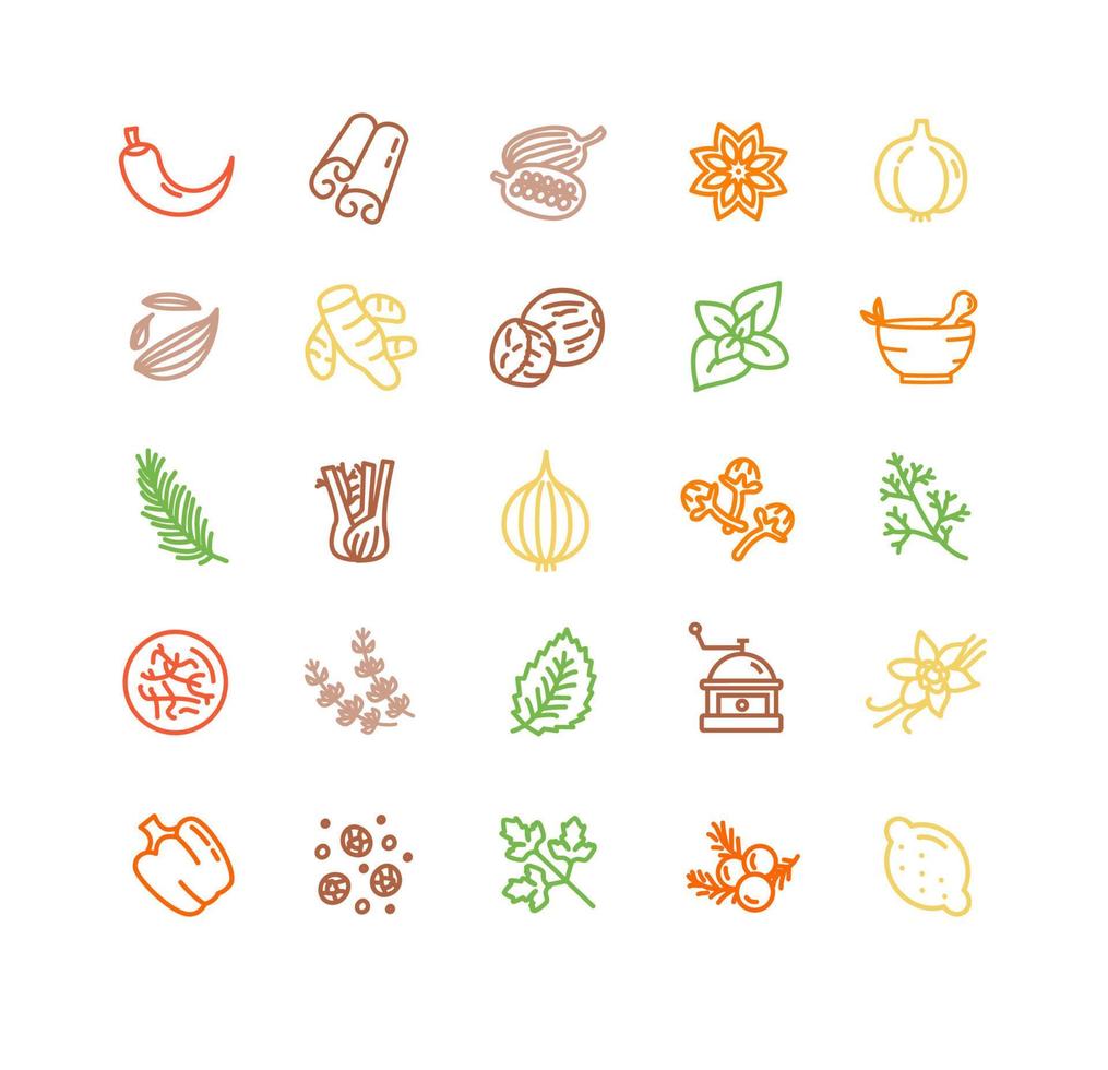 Spices and Herbs Sign Color Thin Line Icon Set. Vector