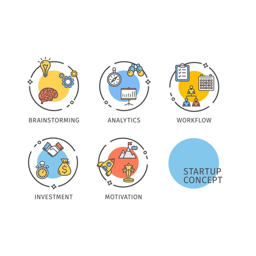 Startup Concept Thin Line Icons Labels Set. Vector