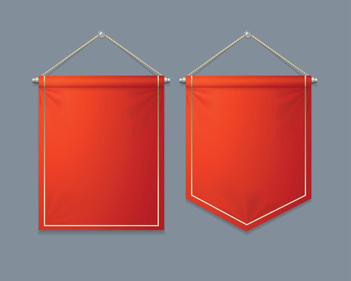 Realistic Detailed 3d Red Banner Pennant Flag Set. Vector