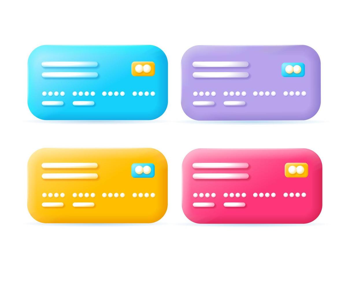 3d Different Credit Debit Cards Icons Set Plasticine Cartoon Style. Vector
