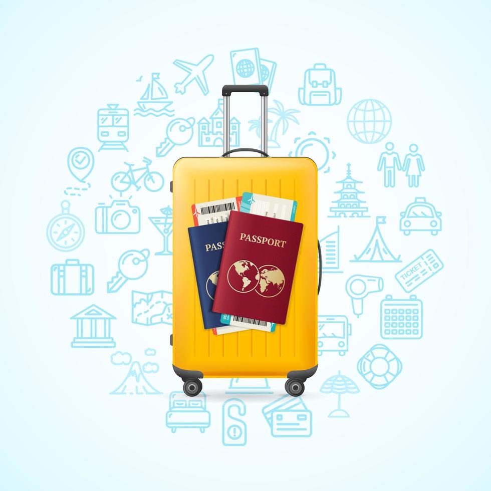 Travel Concept with Realistic Detailed 3d Yellow Suitcase. Vector