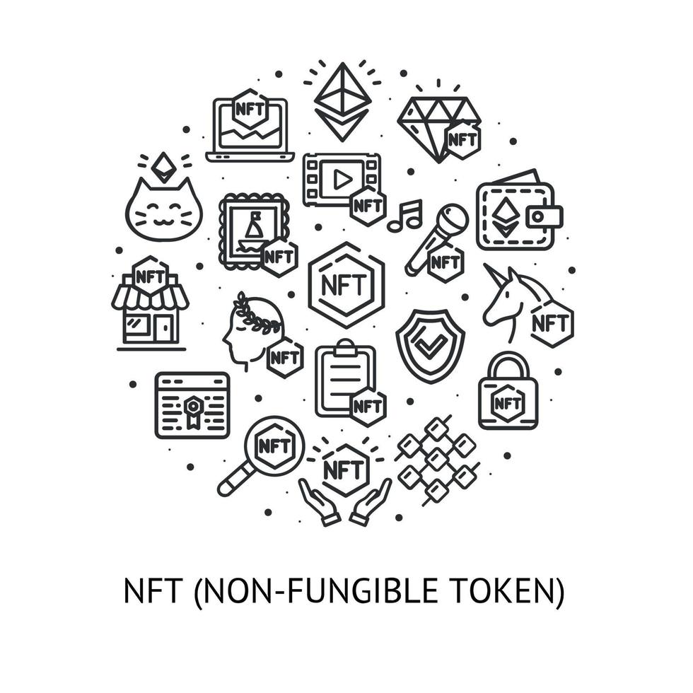 Nft Crypto Sign Round Design Template Black Thin Line Icon Banner. Vector