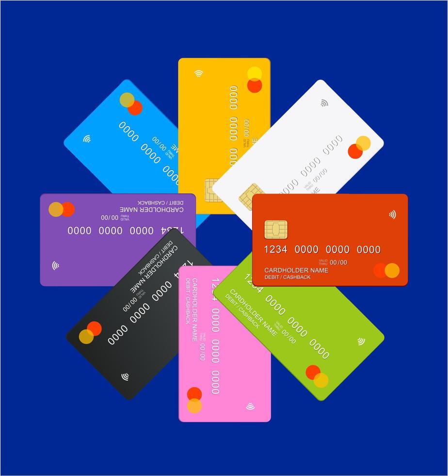 conjunto de maquetas de tarjeta de débito de crédito de diferentes colores 3d detallados y realistas. vector