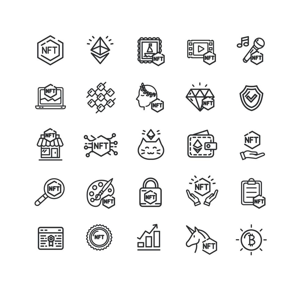 Nft Crypto Sign Black Thin Line Icon Set. Vector