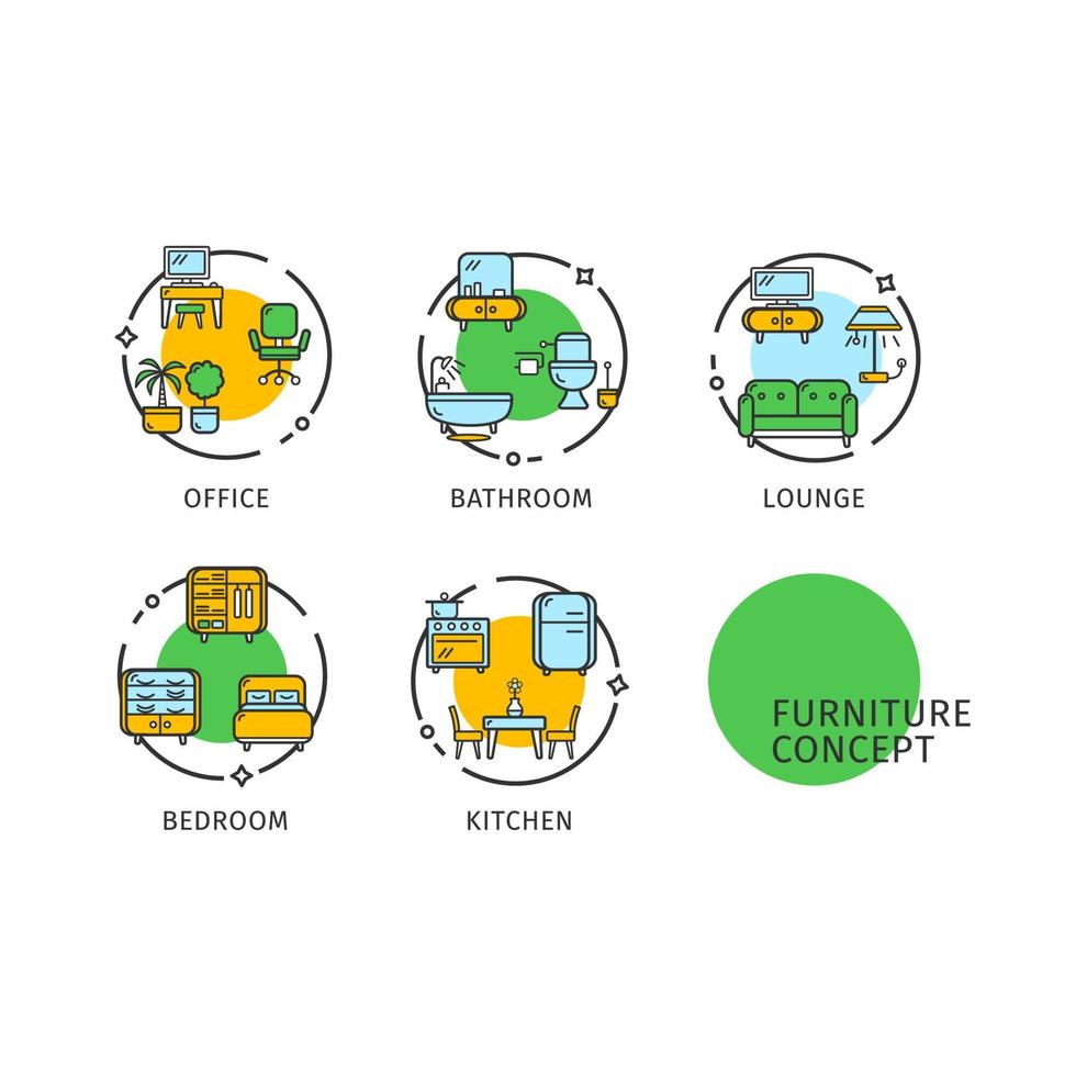 Furniture Concept Thin Line Icons Labels Set. Vector