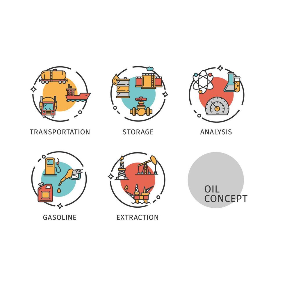 Oil Industry Concept Thin Line Icons Labels Set. Vector