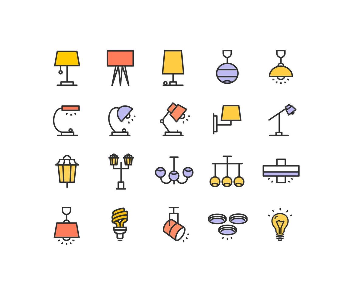 Lamp Lighting Sign Color Thin Line Icon Set. Vector