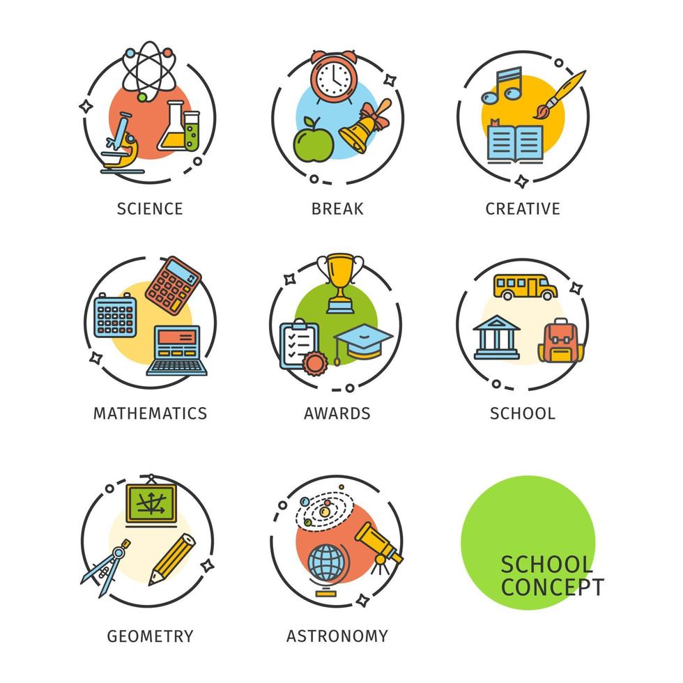 conjunto de etiquetas de iconos de línea delgada de concepto de escuela. vector