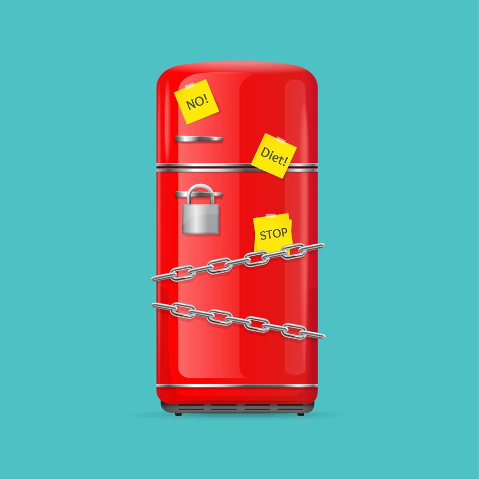 Realistic Detailed 3d Fridge and Metallic Chain Diet Concept. Vector