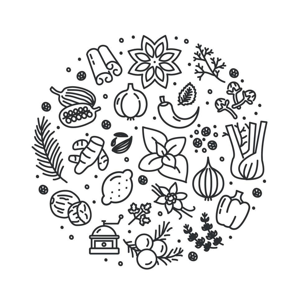 Spices and Herbs Round Design Template Contour Lines Icon Concept. Vector
