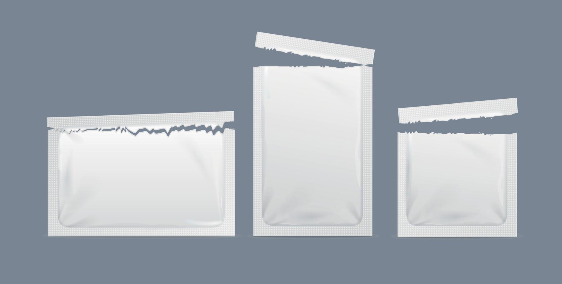 Realistic Detailed 3d White Paper Sachet Packets Set. Vector