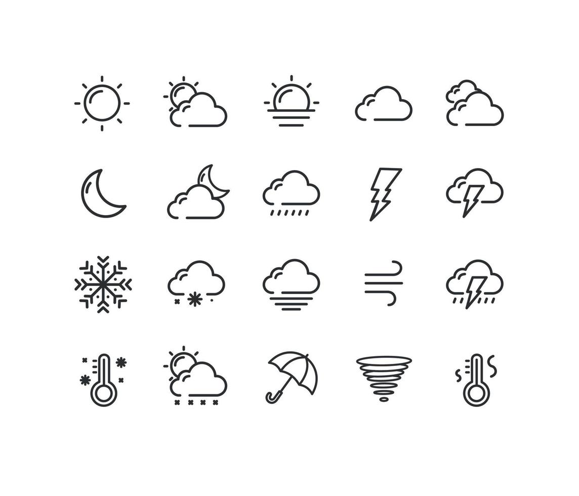 Weather Sign Black Thin Line Icon Set. Vector