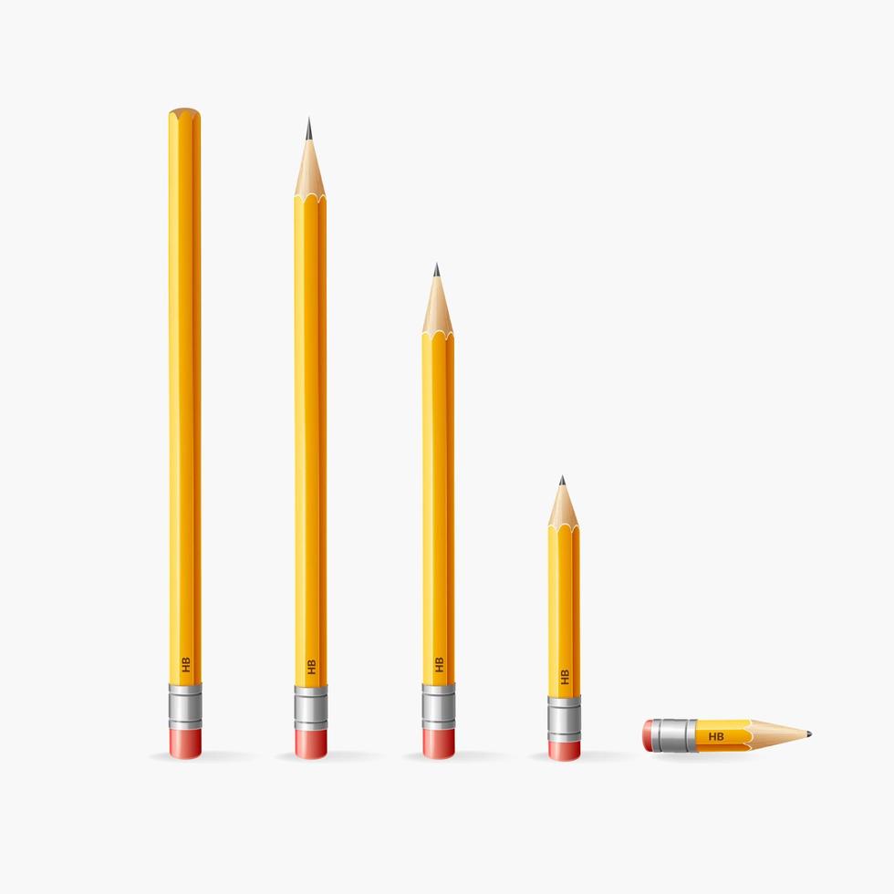 Realistic Detailed 3d Sharpened Yellow Pencil Set. Vector