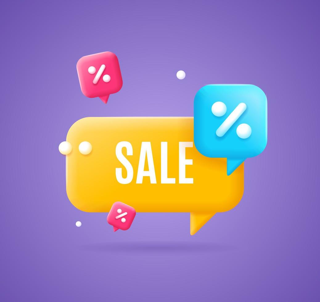 3d Sale Label with Percent Concept Cartoon Style. Vector