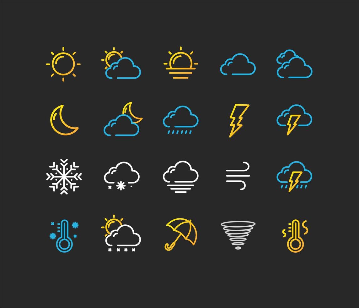 conjunto de iconos de línea delgada de color de señal meteorológica. vector