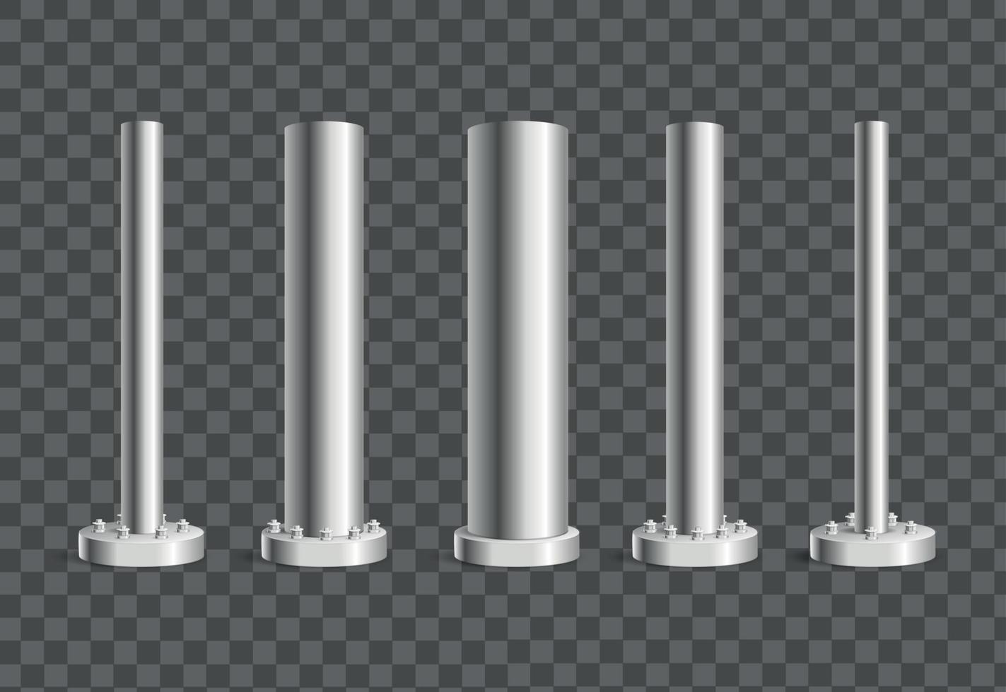 Realistic Detailed 3d Different Types Metallic Pillars or Columns Set. Vector
