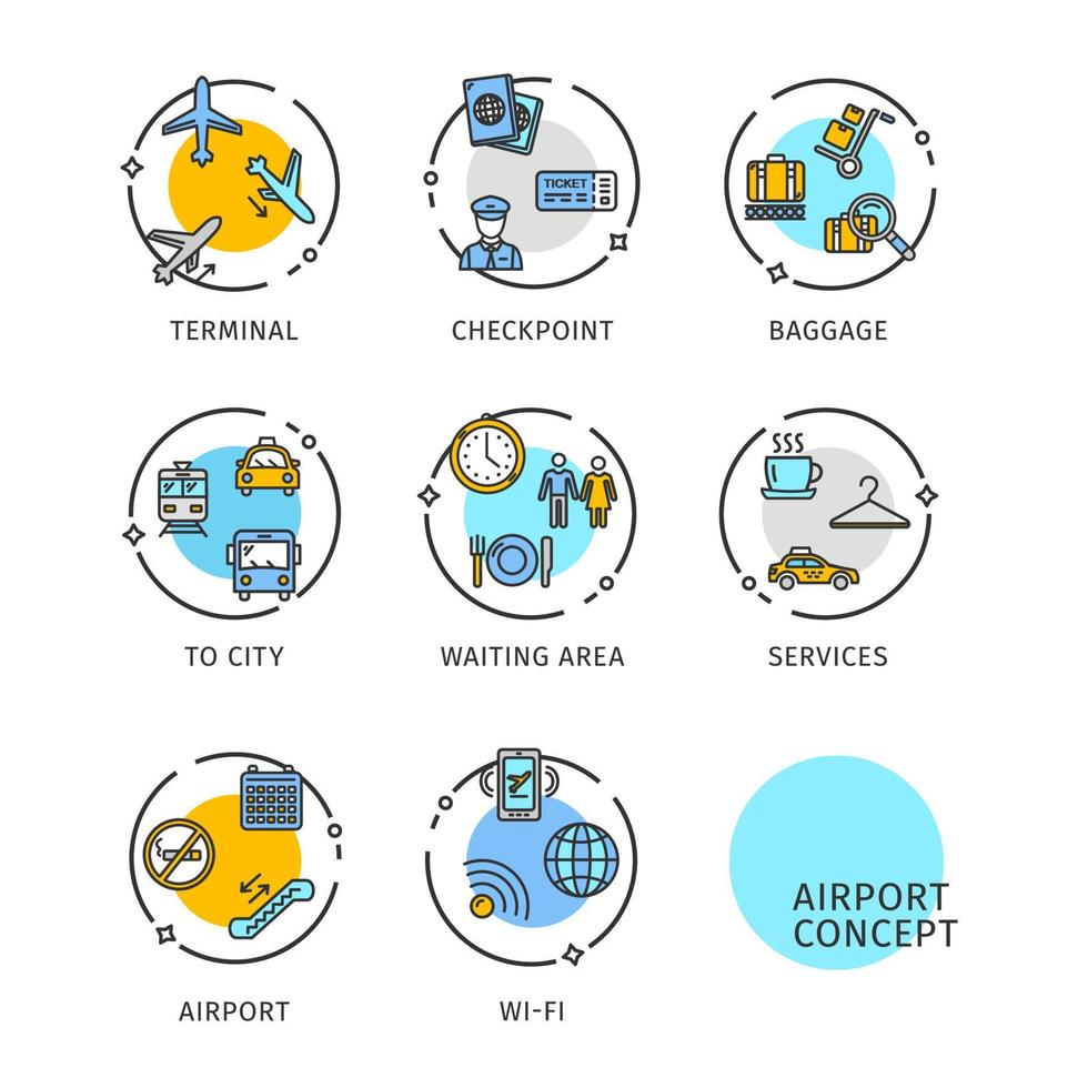 conjunto de etiquetas de iconos de línea delgada de concepto de aeropuerto. vector